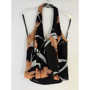 Cache Vintage Floral Halter Top Black Coral Orange V-Neck Tie Neck Size‎ 10 USA